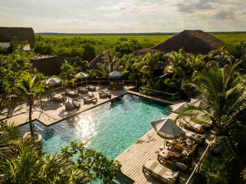 Aerial of Radhoo Tulum's pool and thatched lofts surrounded by jungle and open savanna