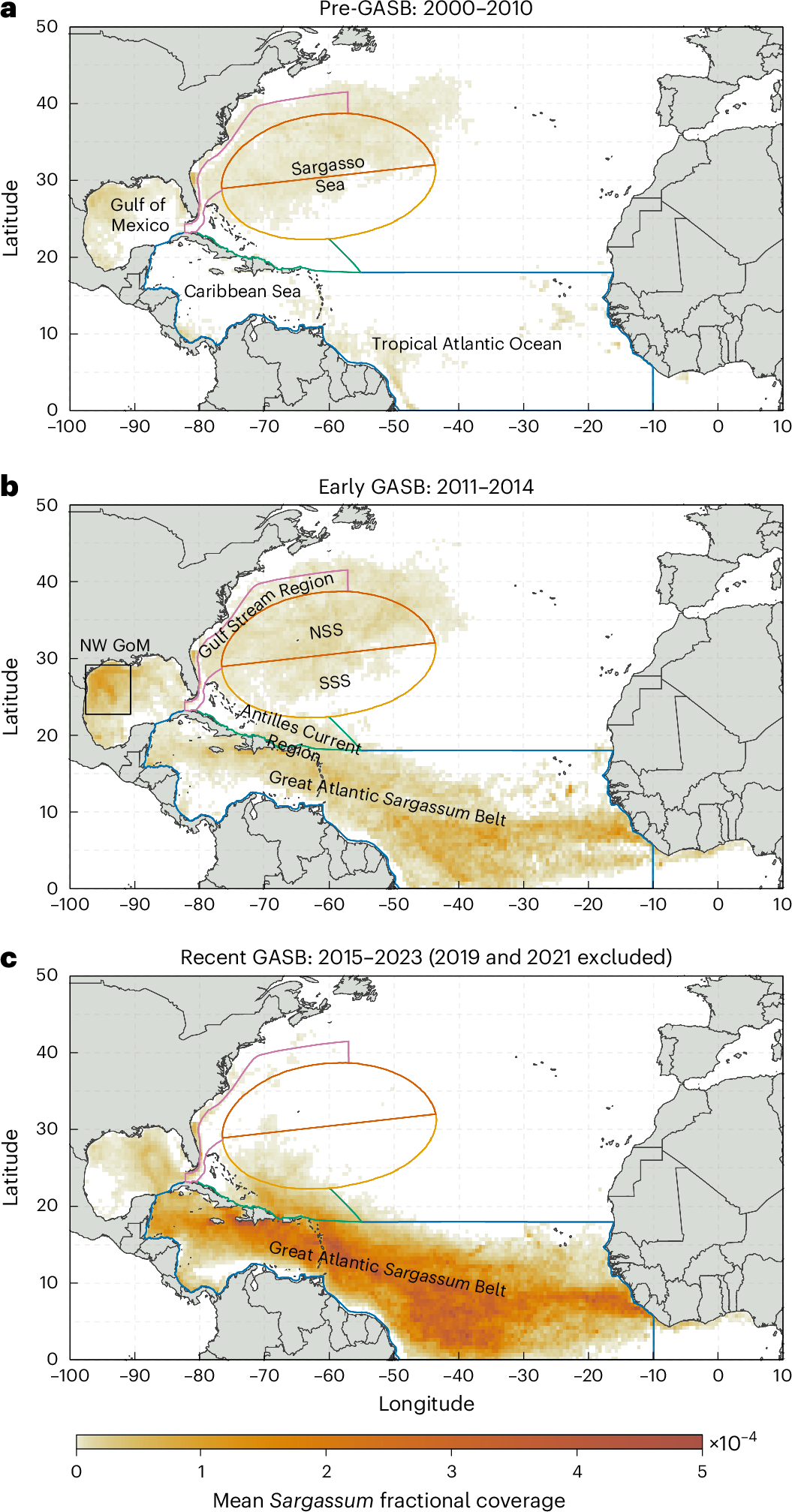 Maps of the North Atlantic showing sargassum moving from the Sargasso Sea into the tropical belt between 2000 and 2023