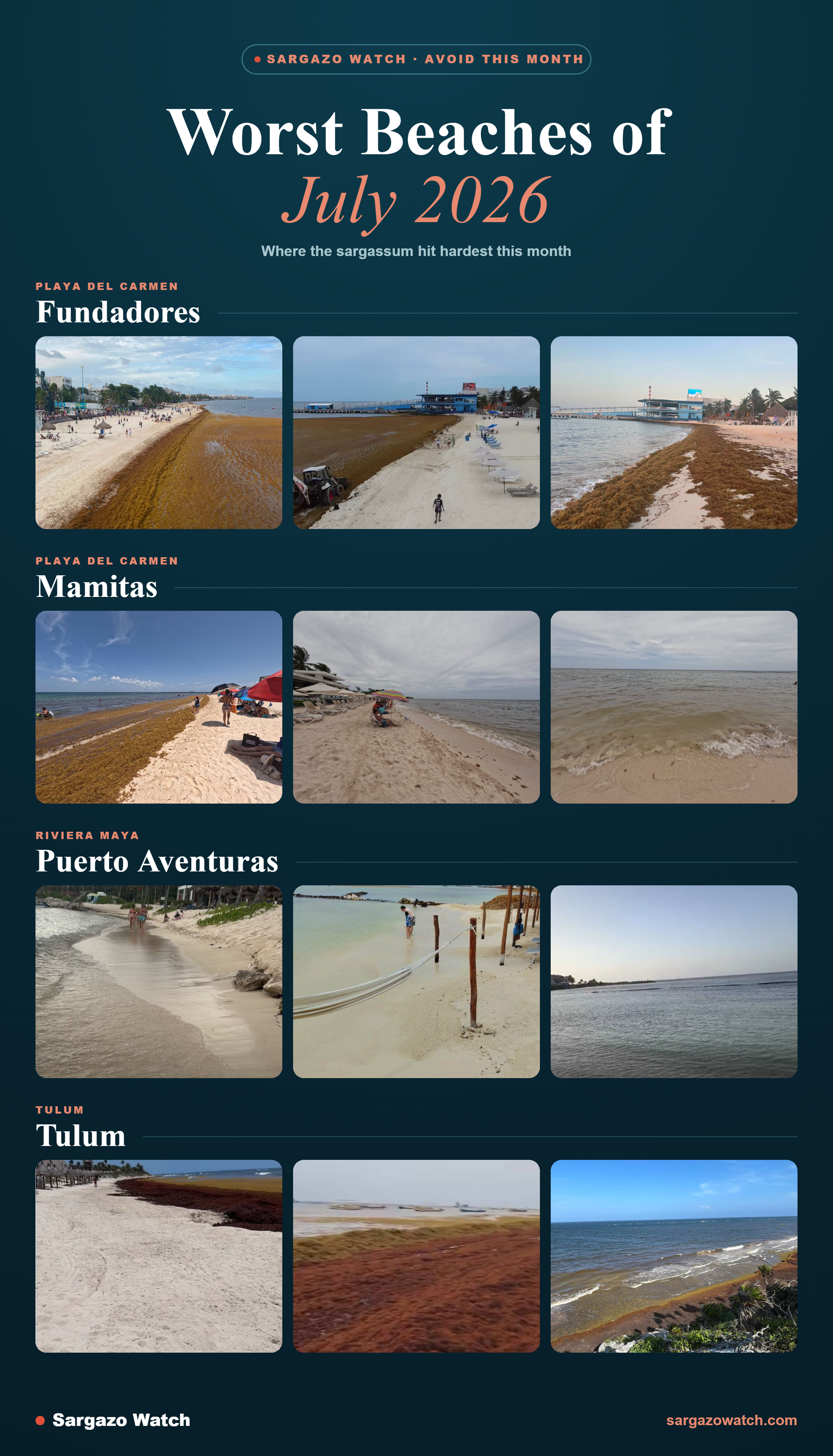 Worst beaches of July 2026: Fundadores and Mamitas in Playa del Carmen, Puerto Aventuras and Tulum, all heavily affected by sargassum